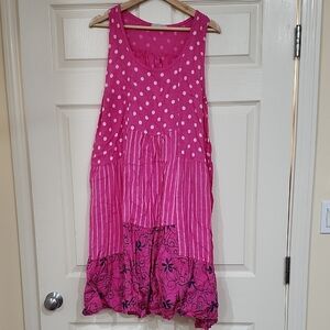 100% Linen Made In Italy Pink Polka Dot and Striped Dress